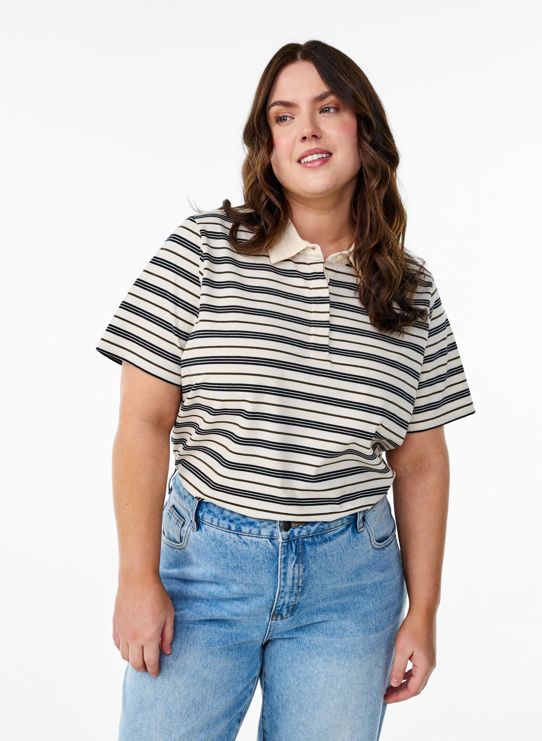 Stribet poloshirt med korte &aelig;rmer, Hvid, Model