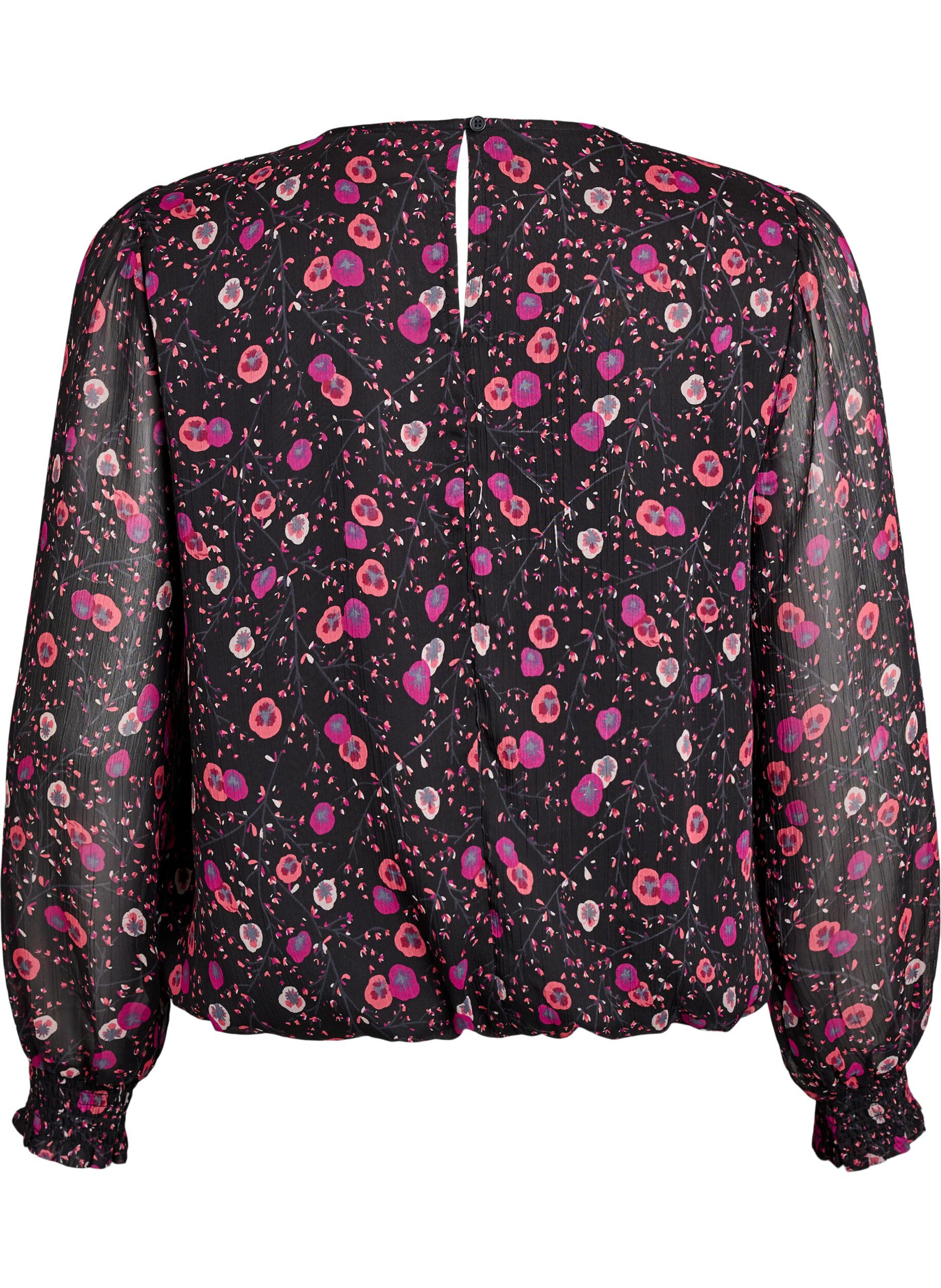 ZizziBlomstret chiffonbluse med transparente &aelig;rmer, Sort, Packshot image number 1