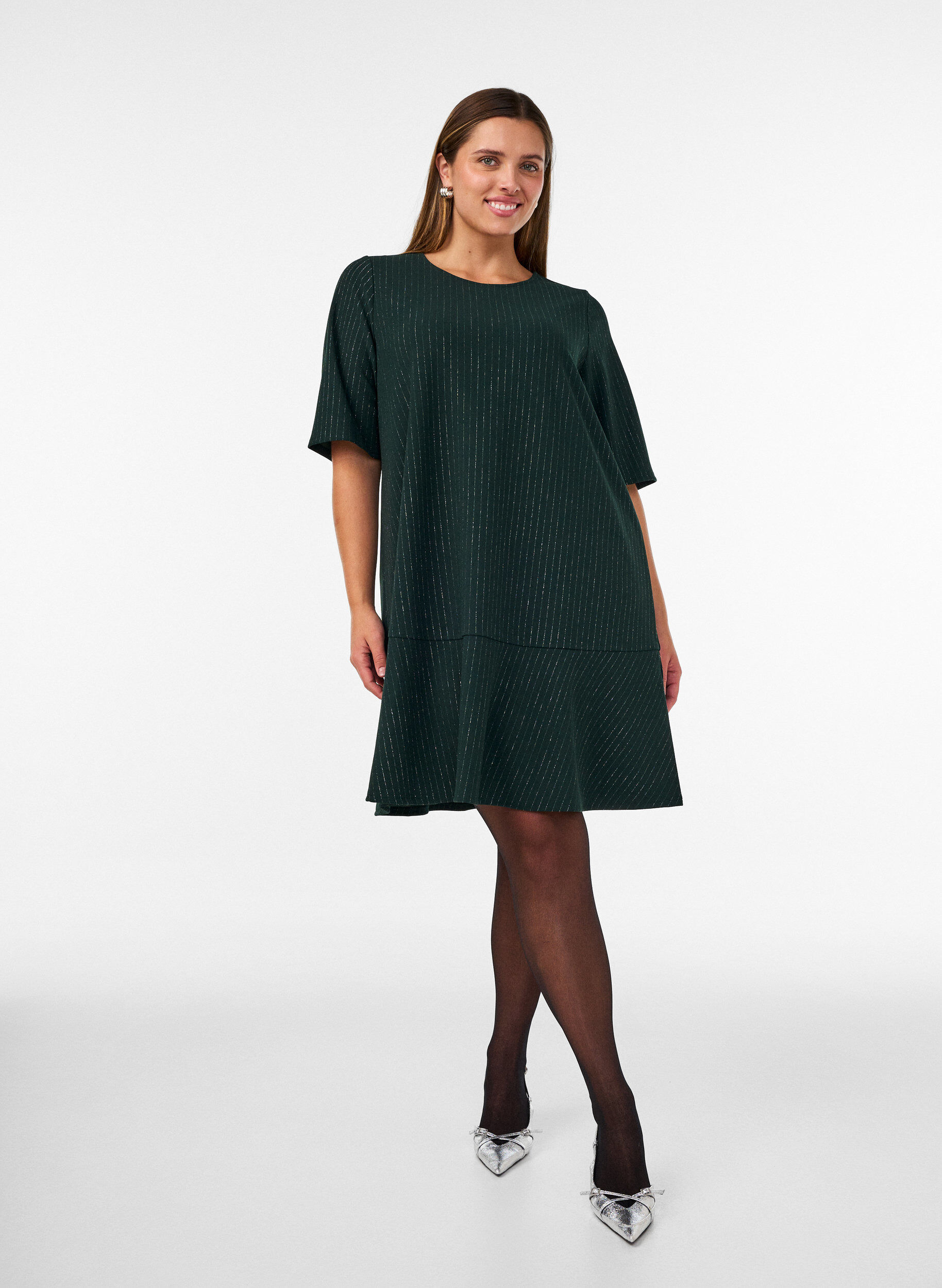 ZizziKort A-formet kjole med glimmerstriber, Gr&oslash;n, Model image number 1