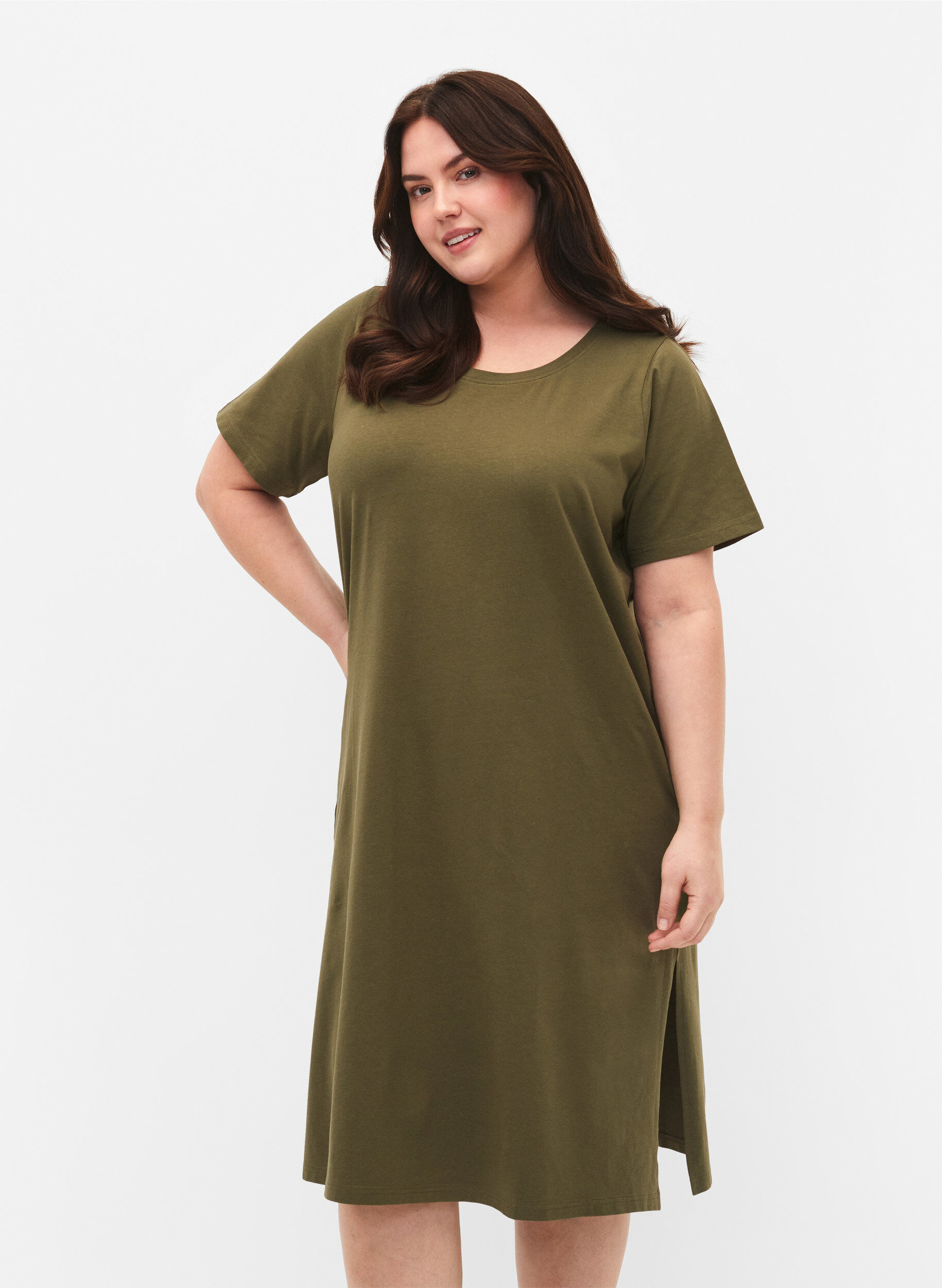 Zizzi Bomuldskjole med korte &aelig;rmer, Ivy Green, Model image number 0