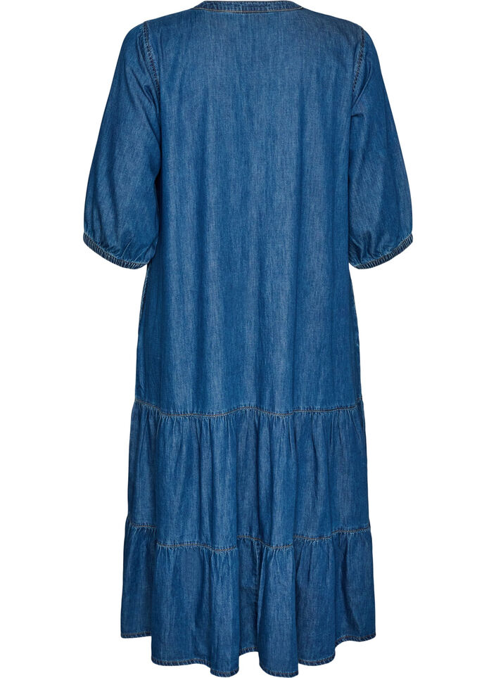 Denimkjole i maxil&aelig;ngde med fl&aelig;sesk&aelig;ringer, Bl&aring;, Packshot image number 1