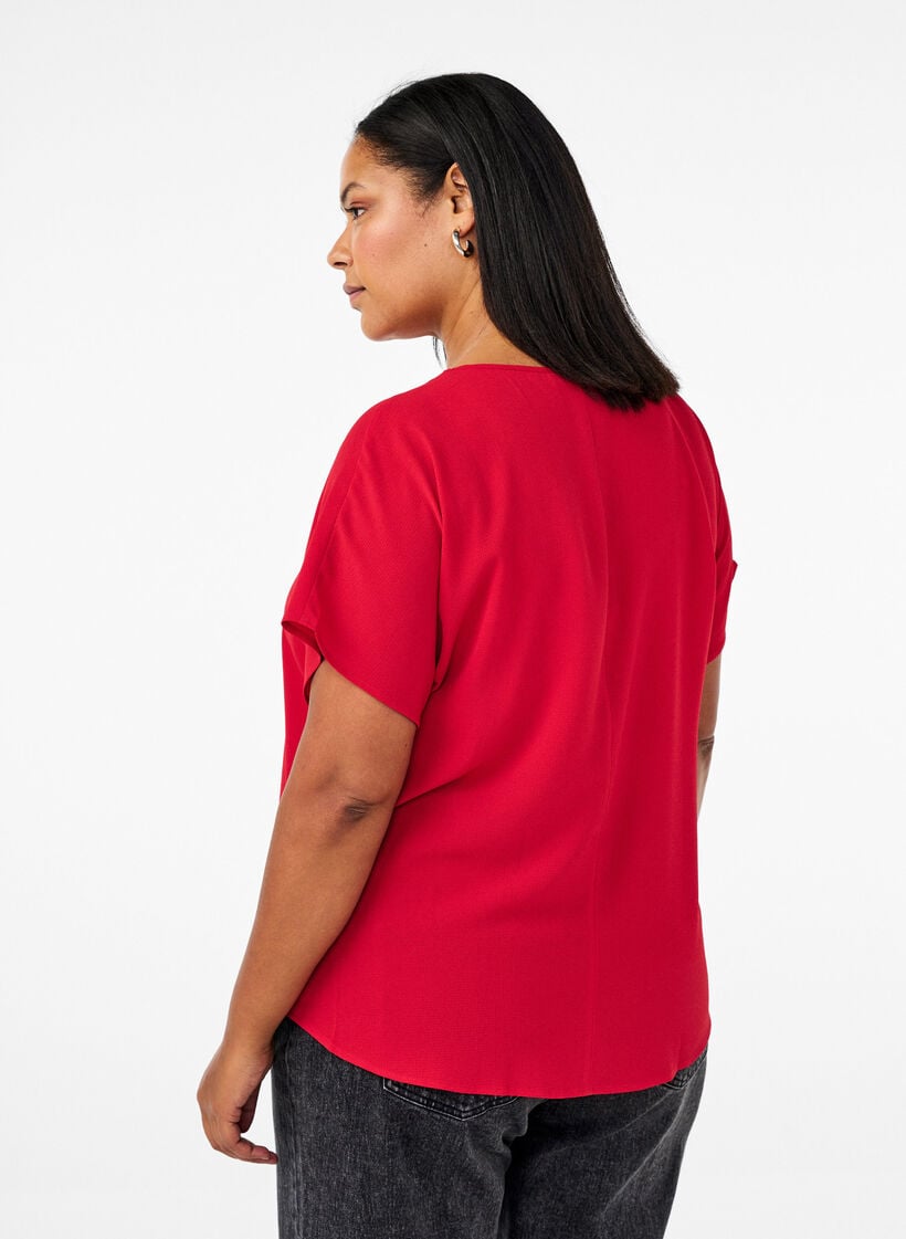 Bluse med korte &aelig;rmer og rund halsudsk&aelig;ring, R&oslash;d, Model image number 2