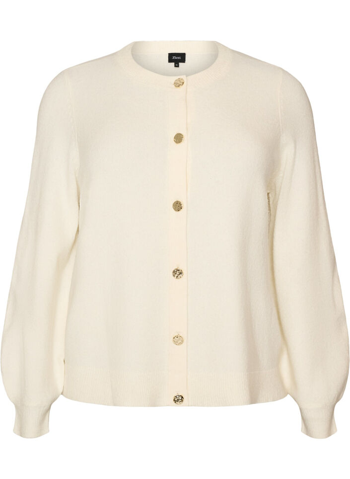 Cardigan i bl&oslash;d strik med guldfarvede knapper, Vanilla, Packshot image number 0