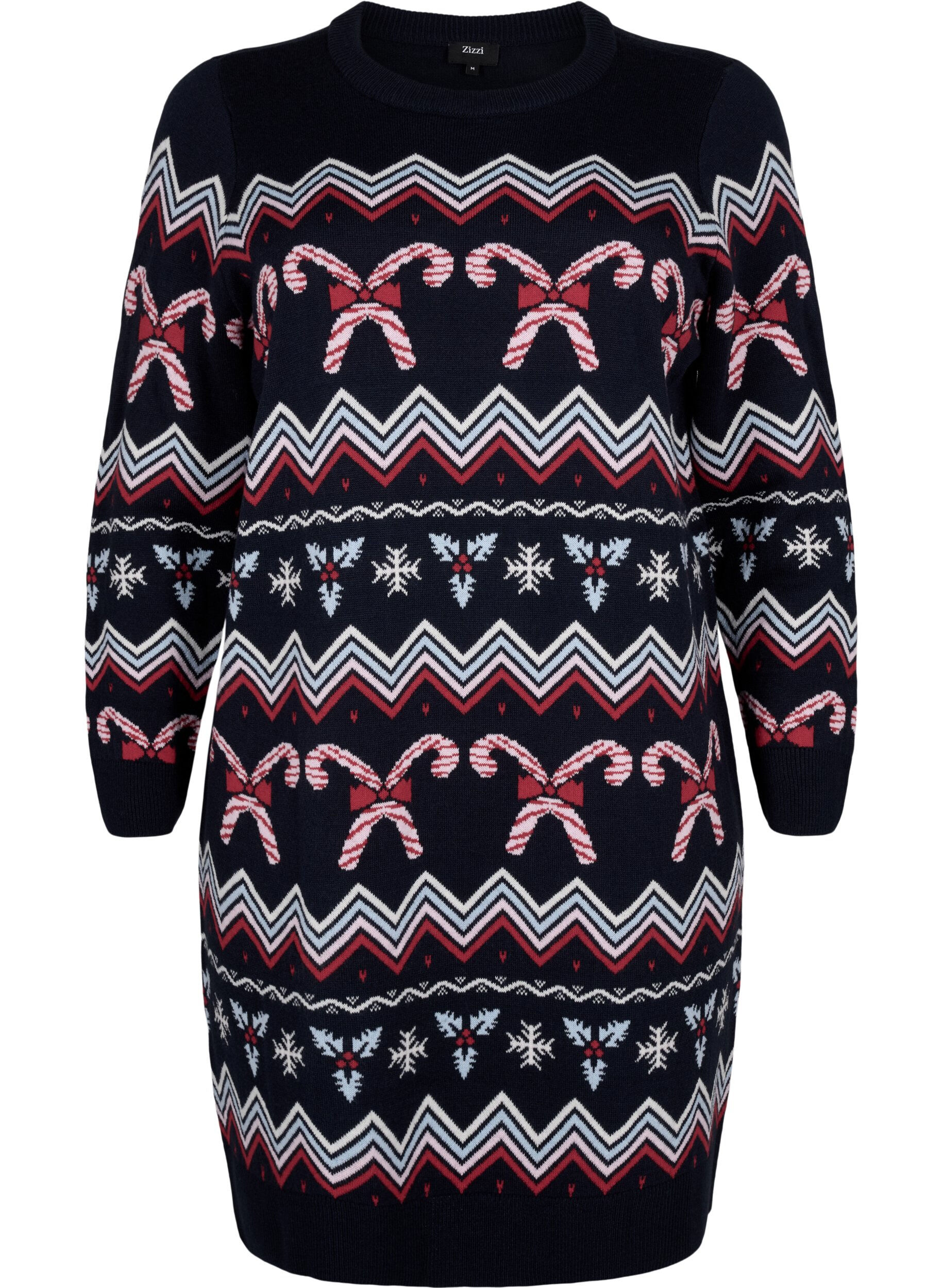 Zizzi Lang&aelig;rmet strikkjole med julemotiv, Navy Blazer Comb, Packshot image number 0