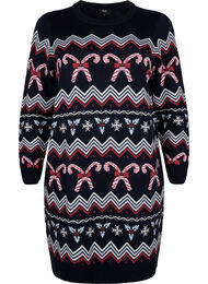 Langærmet strikkjole med julemotiv, Navy Blazer Comb