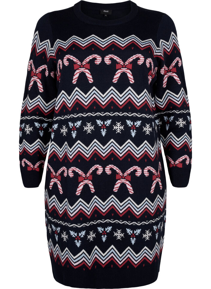 Langærmet strikkjole med julemotiv, Navy Blazer Comb, Packshot image number 0