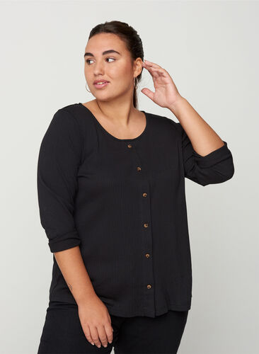 Bluse med 7/8 ærmer og knapper, Black, Model image number 0