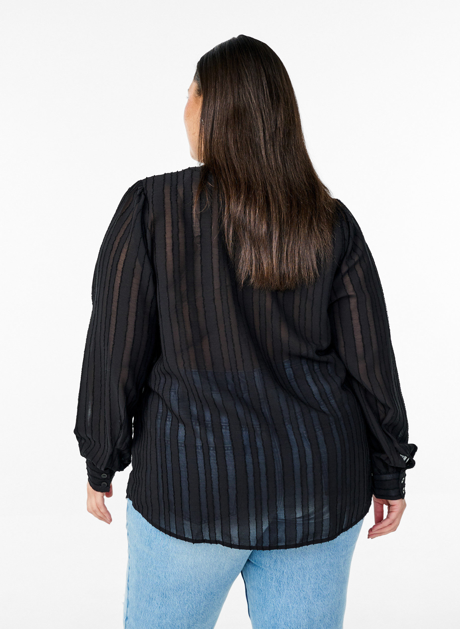 Zizzi Skjortebluse med transparent striber, Sort, Model image number 2