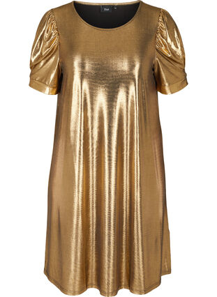Kjole med korte pufærmer og a-form, Gold, Packshot image number 0