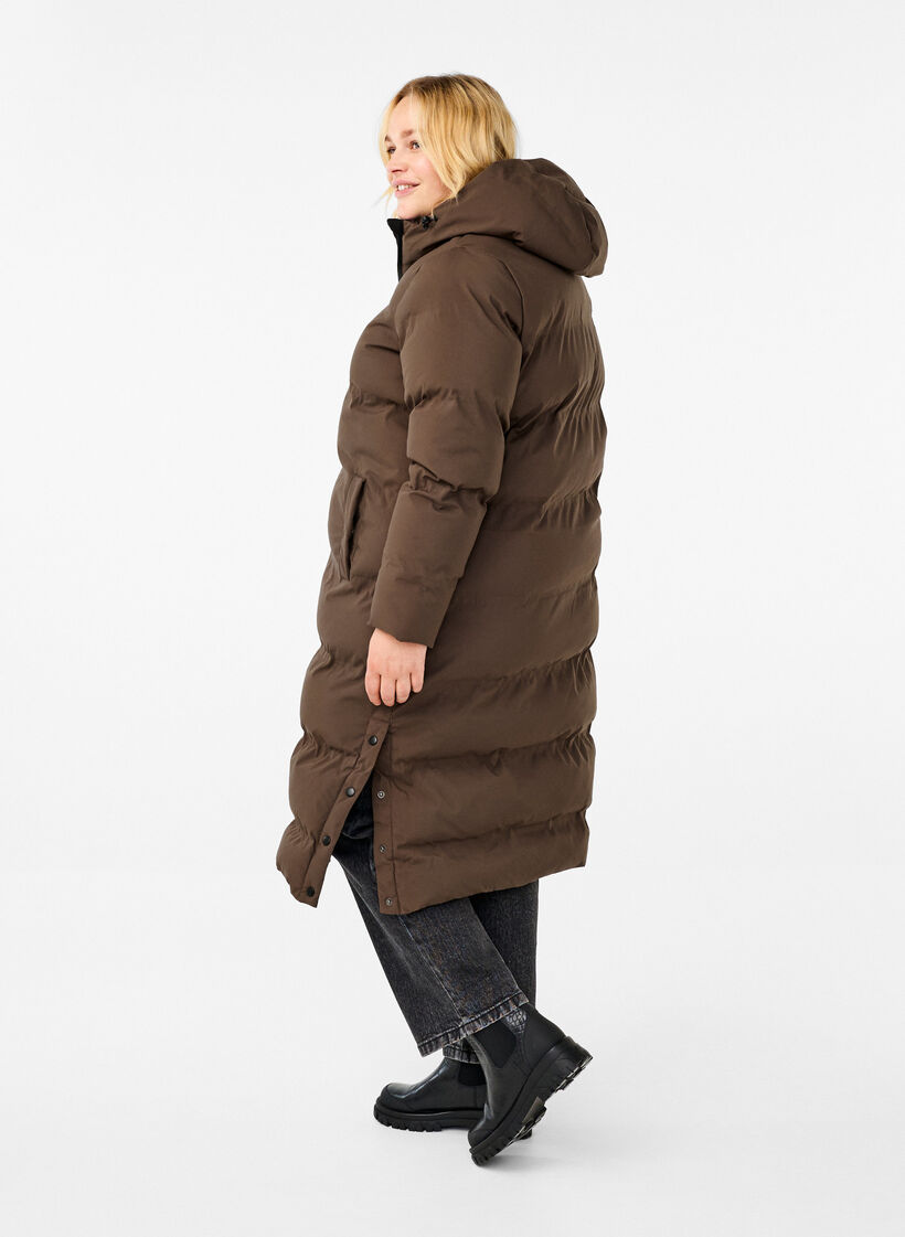 Lang puffer vinterjakke med hætte, Brun, Model image number 2