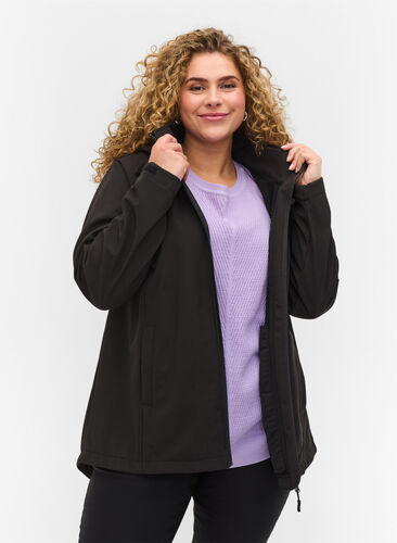 Softshell jakke med aftagelig hætte - Sort Str. XL - Zizzi