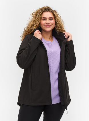 Softshell jakke med aftagelig hætte, Black, Model image number 0