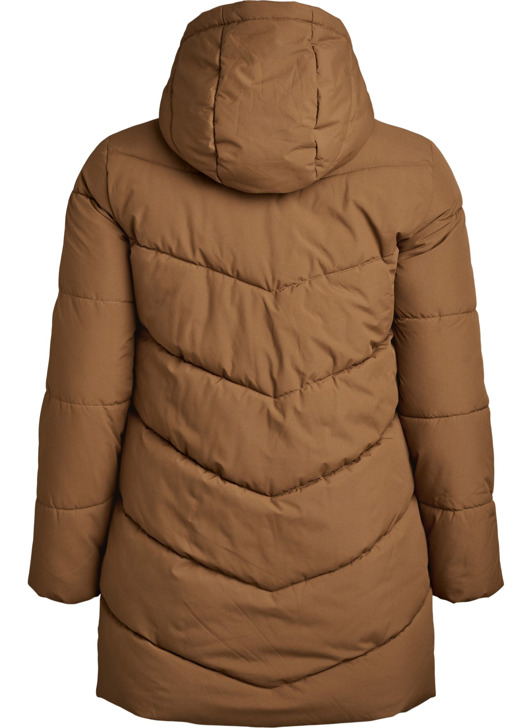 ZizziMellemlang pufferjakke med h&aelig;tte, Brun, Packshot image number 1