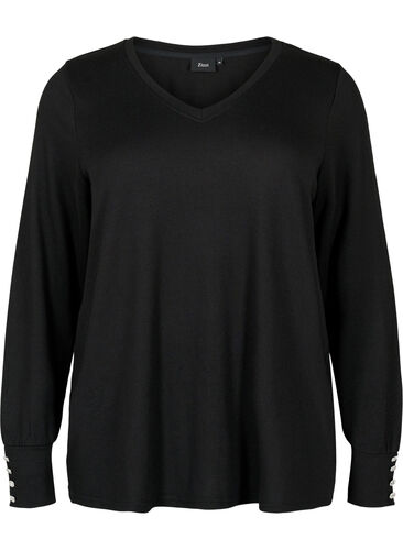 Langærmet bluse med bred manchet og knapper, Black, Packshot image number 0