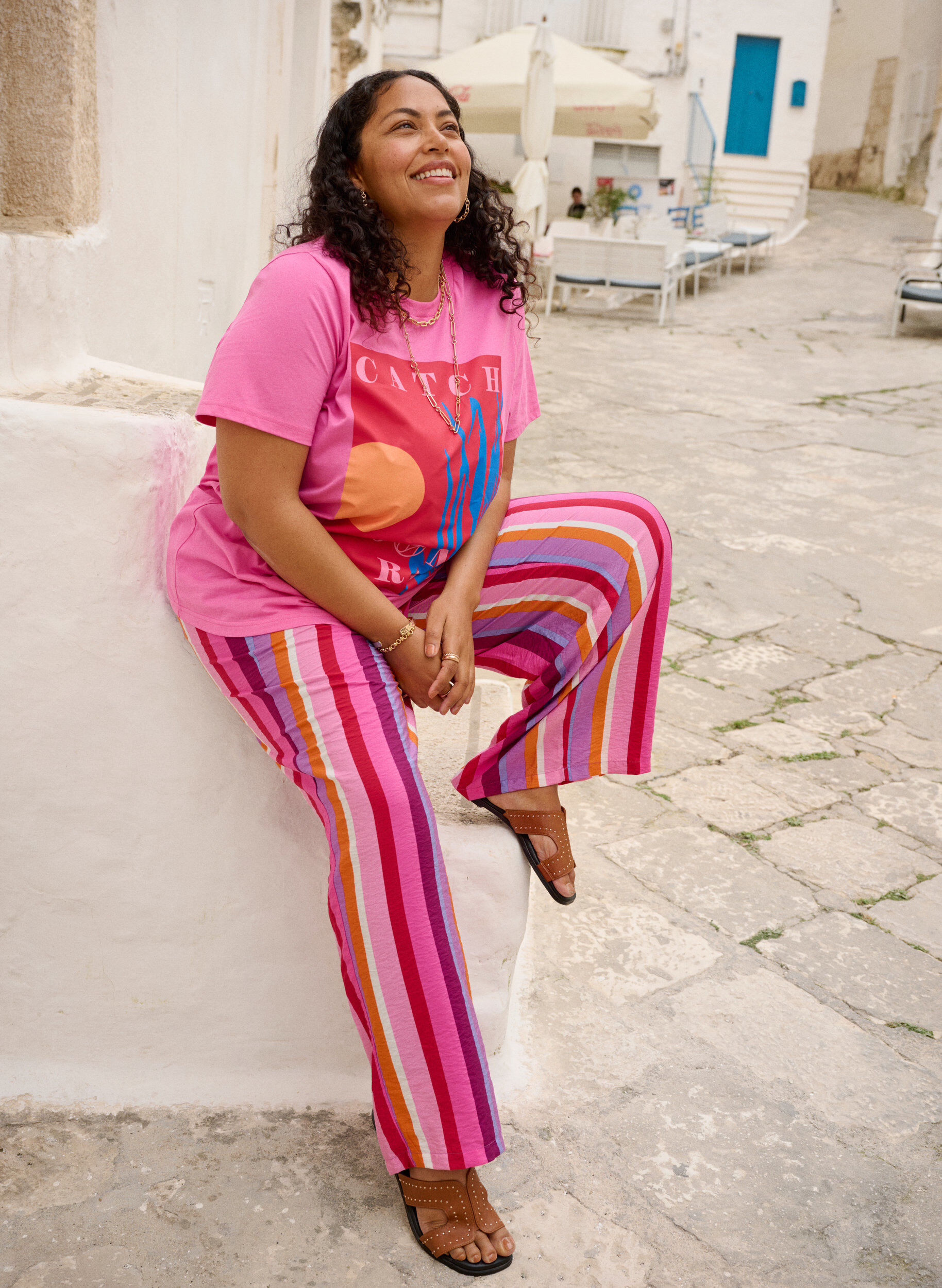 Zizzi L&oslash;se viskosebukser med striber, Lyser&oslash;d, Image image number 0