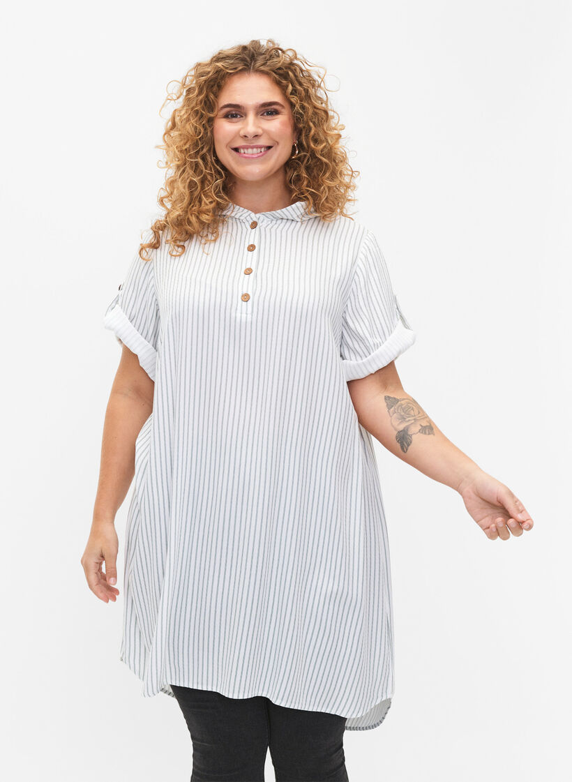 Kortærmet viskose tunika med hætte, Chinois Green Stripe, Model image number 0