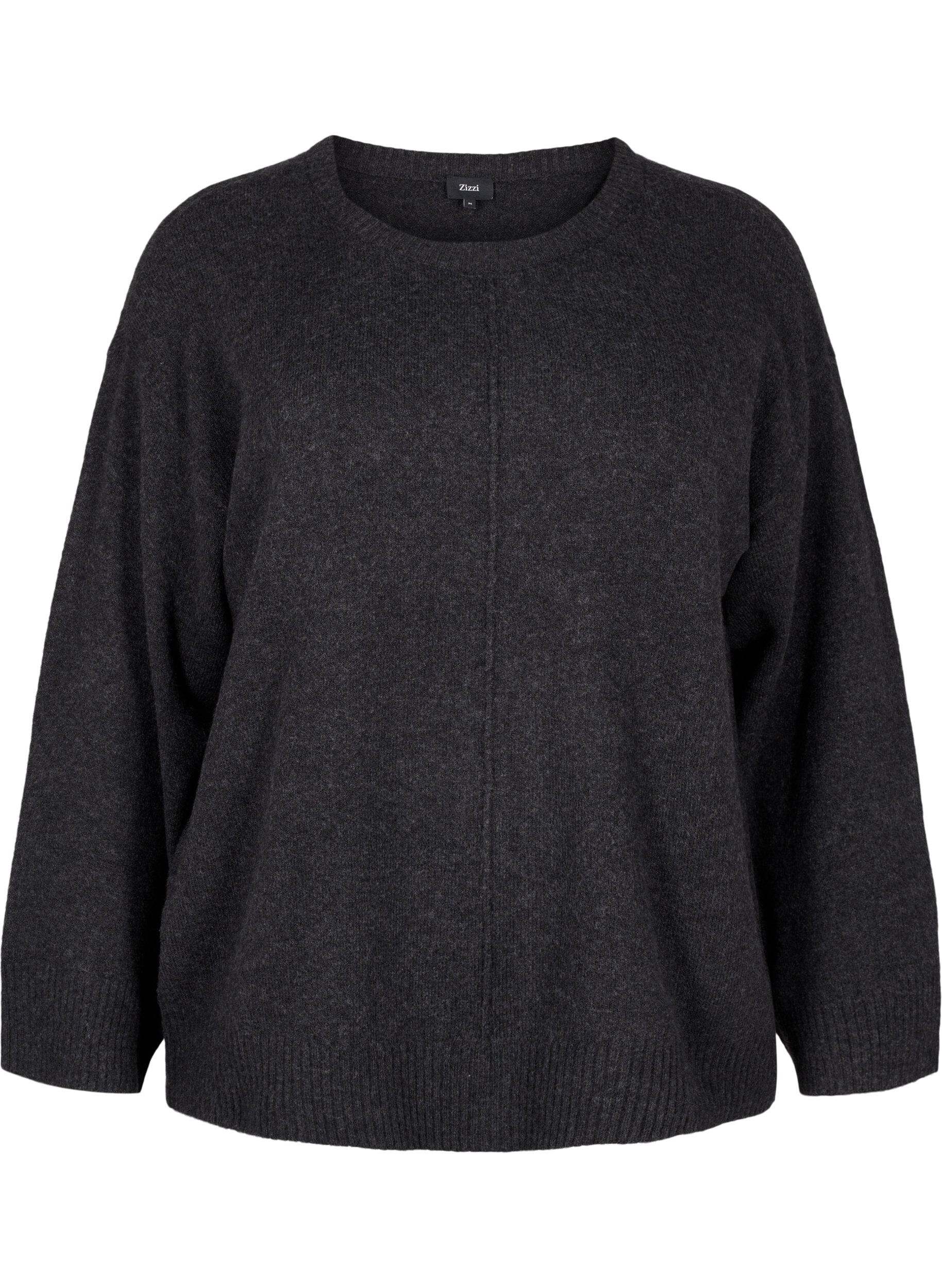 Zizzi Strikbluse med rund hals og midters&oslash;m, Dark Grey Melange, Packshot image number 0