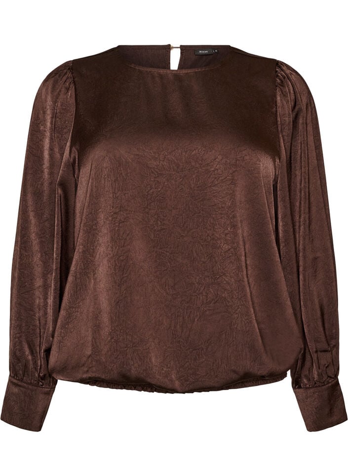 Bluse med satinlook og ballonform, Brun, Packshot image number 0