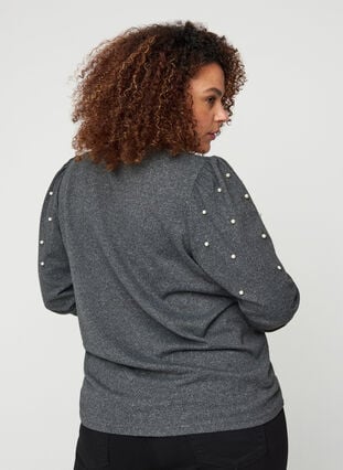Meleret bluse med pufærmer og perler, Dark Grey Melange, Model image number 1