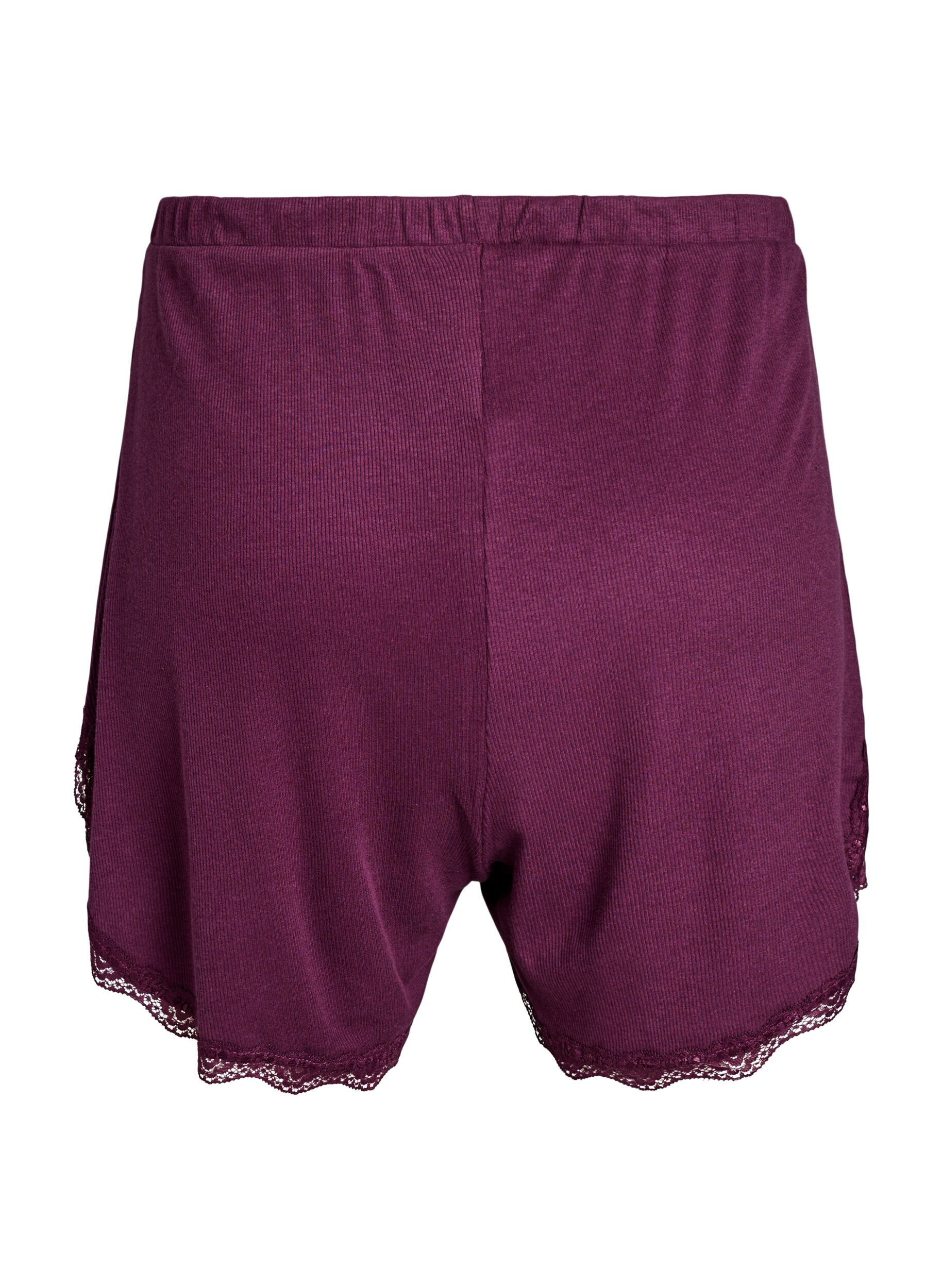ZizziL&oslash;se natshorts med ribstruktur og blondekant, M&oslash;rk Bordeaux, Packshot image number 1