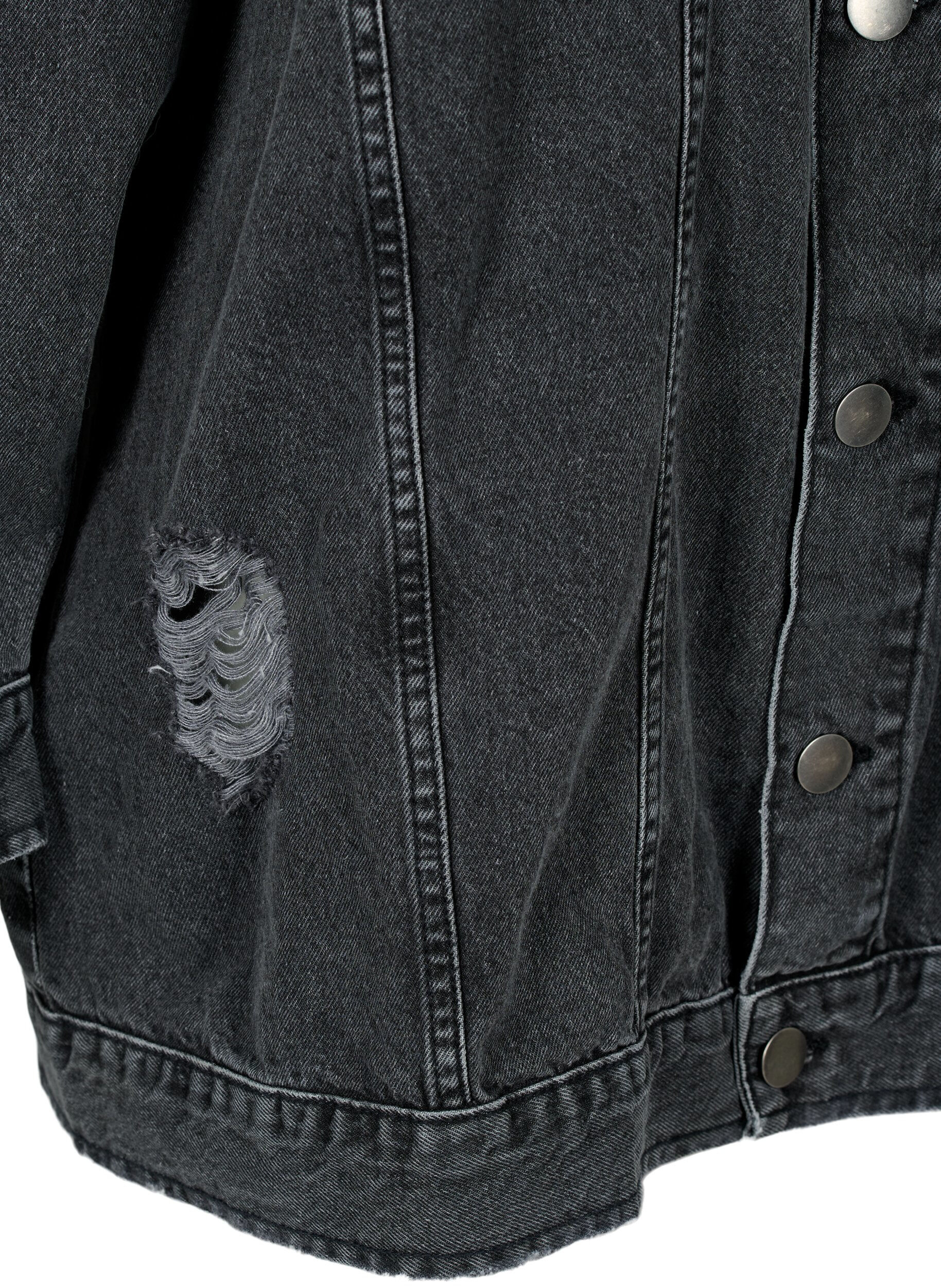 Zizzi L&oslash;stsiddende denimjakke med sliddetaljer, Dark Grey Denim, Packshot image number 3