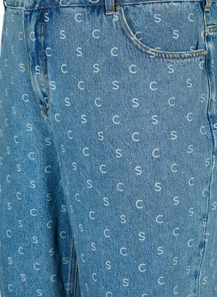 Cropped jeans med print og høj talje, Blue denim, Packshot image number 2