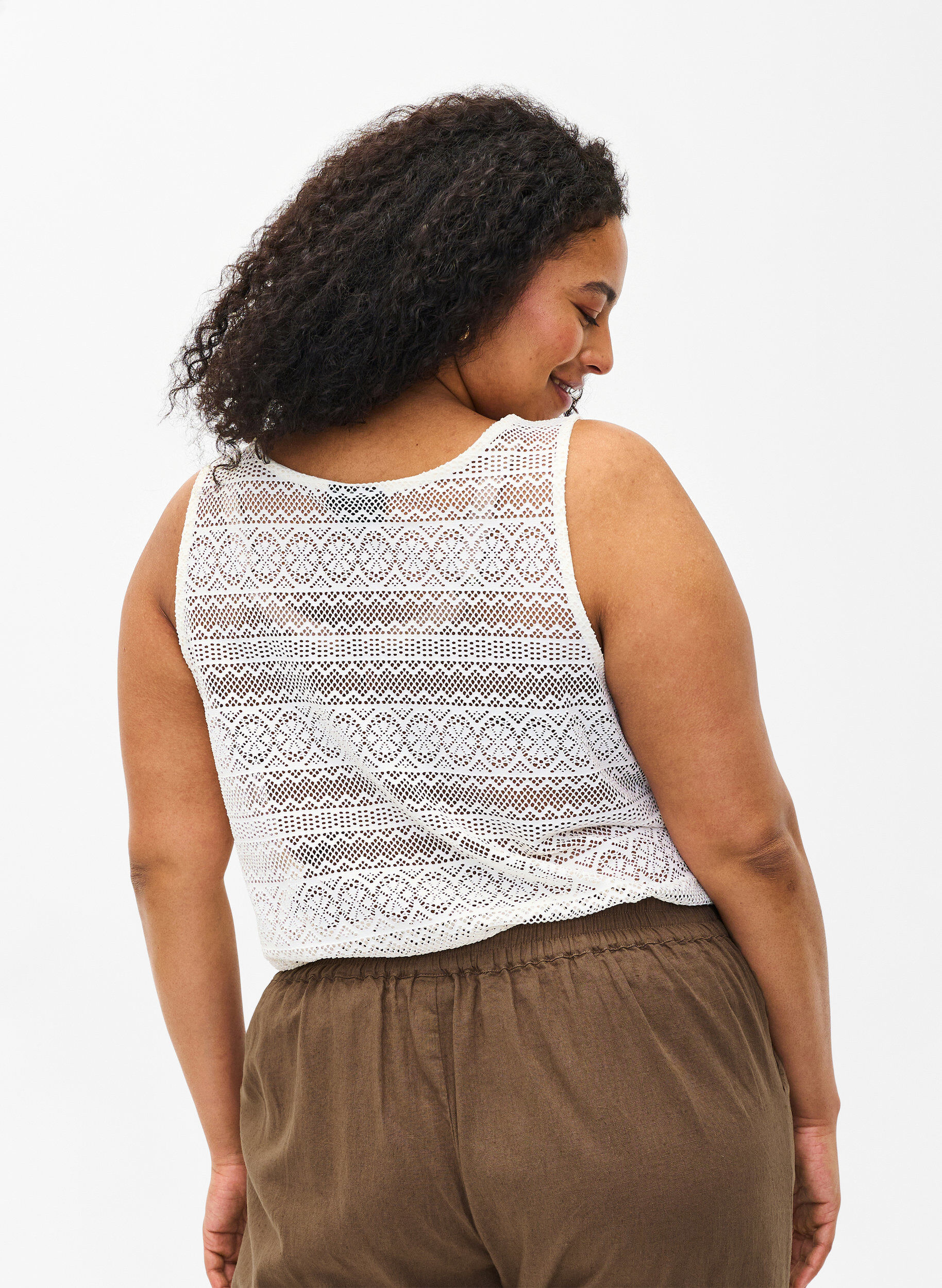 Zizzi &AElig;rmel&oslash;s top med hulm&oslash;nster, Off White, Model image number 1