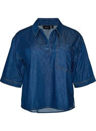 Denimbluse med brystlomme og albuelange &aelig;rmer, Bl&aring;