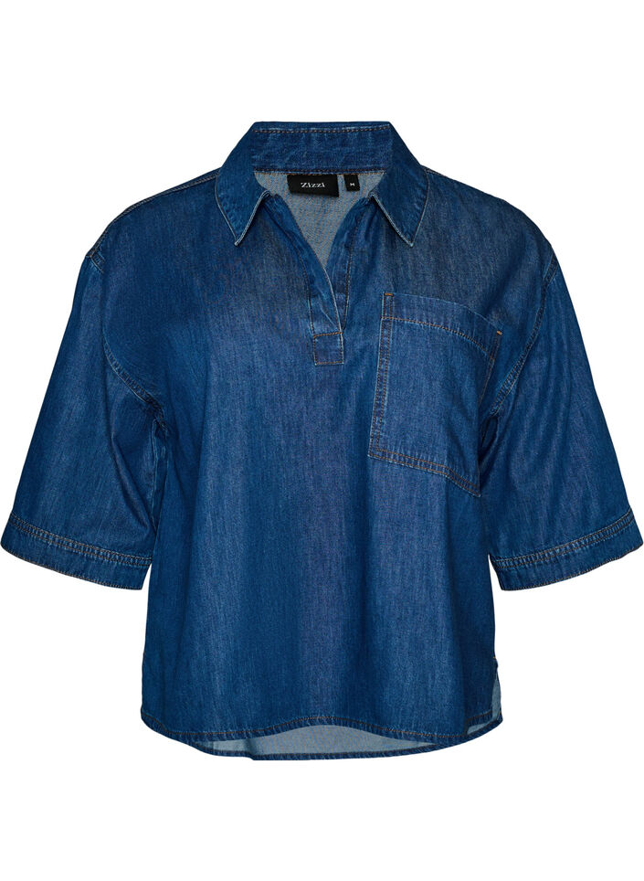 Denimbluse med brystlomme og albuelange &aelig;rmer, Bl&aring;, Packshot image number 0
