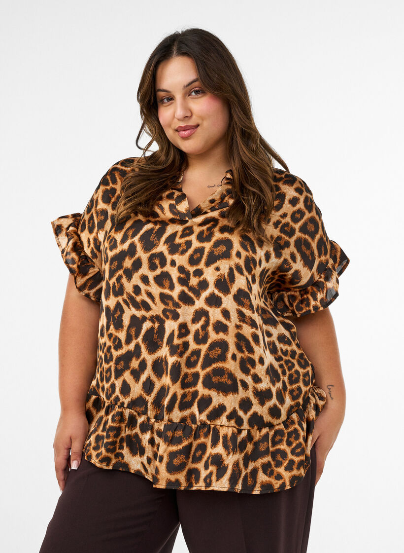 Bluse med leopardprint og fl&aelig;sedetaljer, Brun, Model image number 0