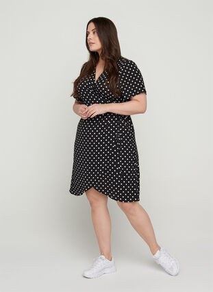 Wrap kjole i print med korte ærmer, Black w White Dot, Model image number 3
