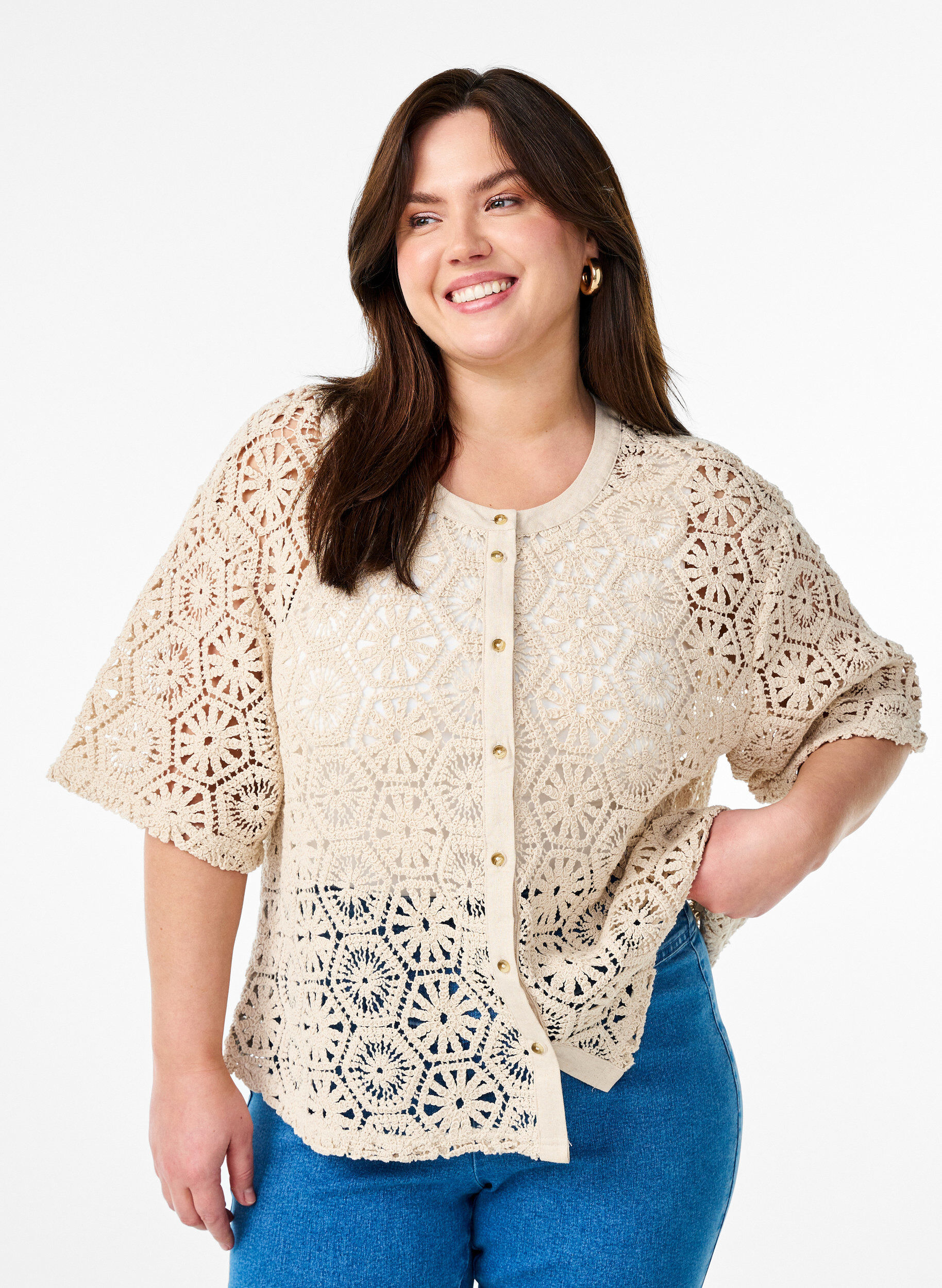 Crochet cardigan med korte &aelig;rmer, Beige, Model