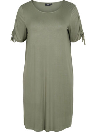 Kortærmet viskose kjole med snøredetalje, Dusty Olive, Packshot image number 0