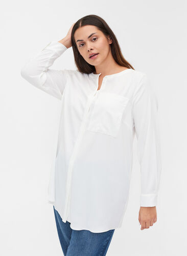 Lang ensfarvet skjorte med brystlomme, Warm Off-white, Model image number 0