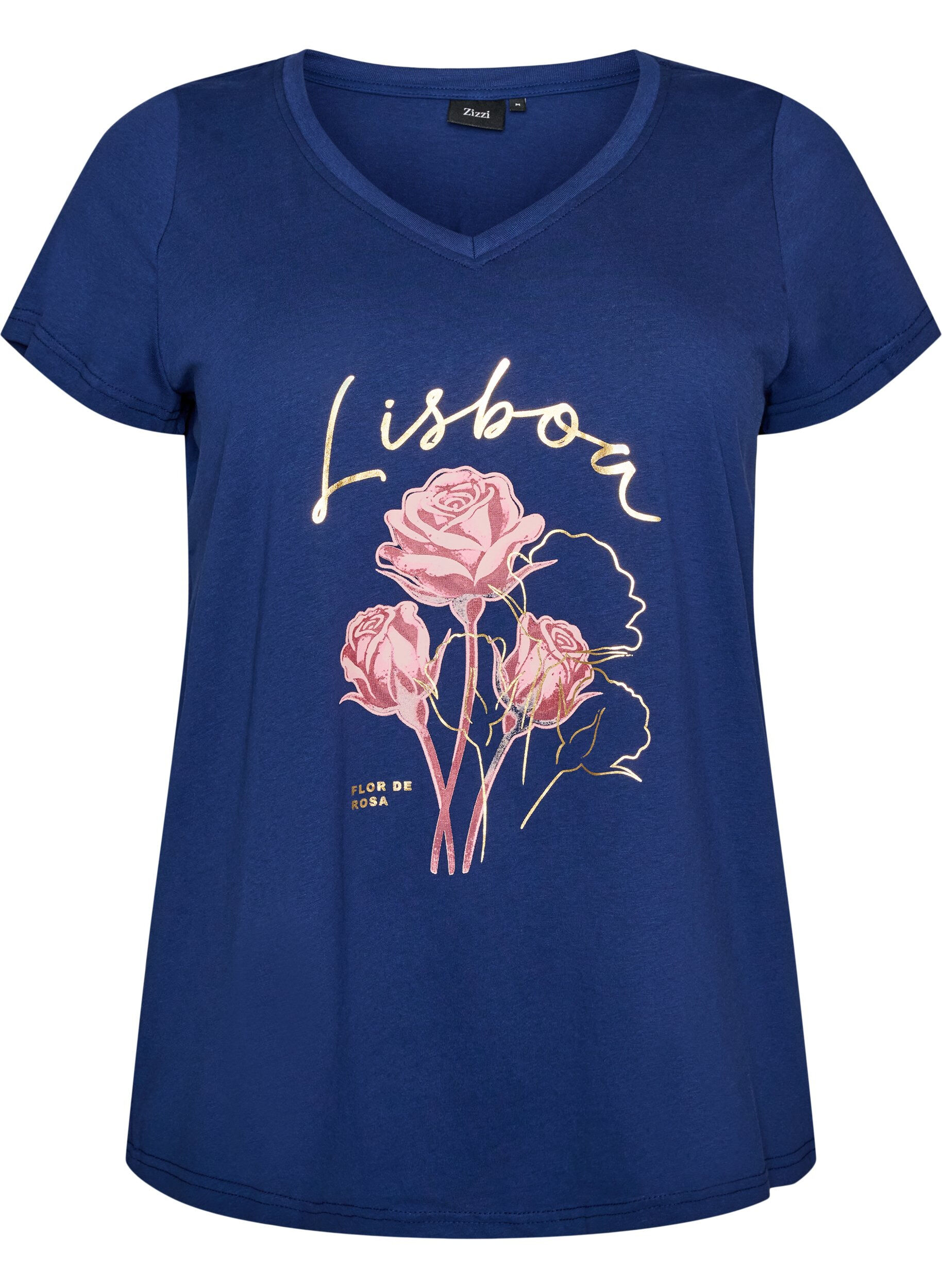 ZizziT-shirt i bomuld med frontprint og V-hals, Bl&aring;, Packshot image number 0