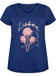 T-shirt i bomuld med frontprint og V-hals, Bl&aring;