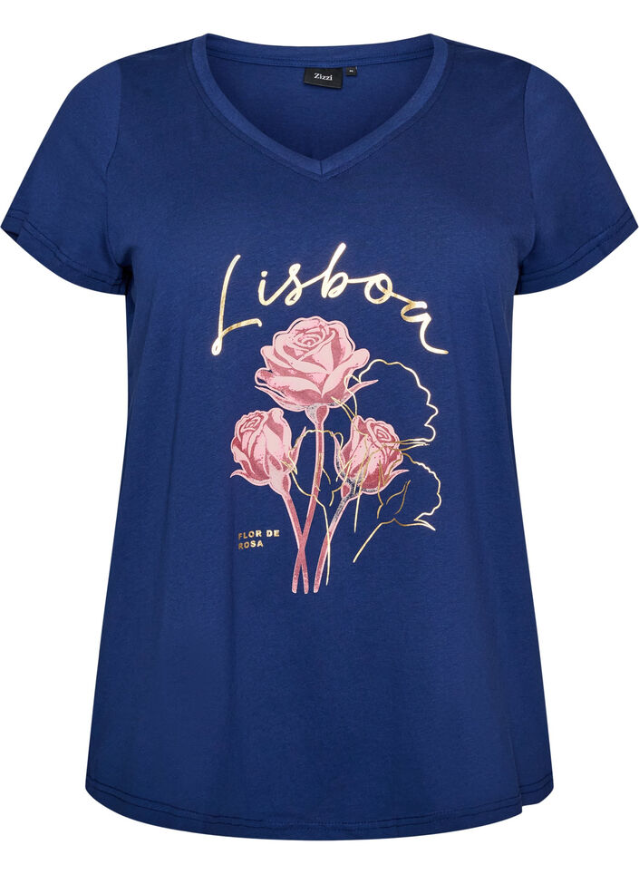 T-shirt i bomuld med frontprint og V-hals, Bl&aring;, Packshot image number 0