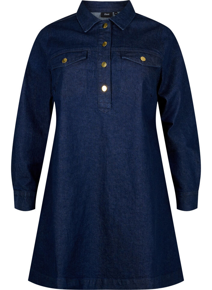 Denimkjole med a-shape og knapper, Dark Blue Denim, Packshot image number 0