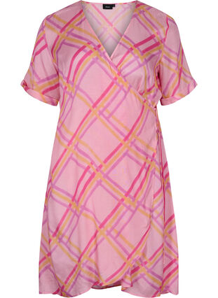 Ternet viskose kjole med wrap, Pink Check, Packshot image number 0