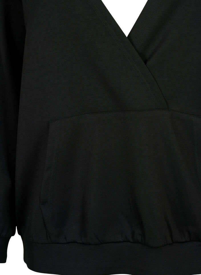 Sweatshirt med v-hals og lomme, Black, Packshot image number 2