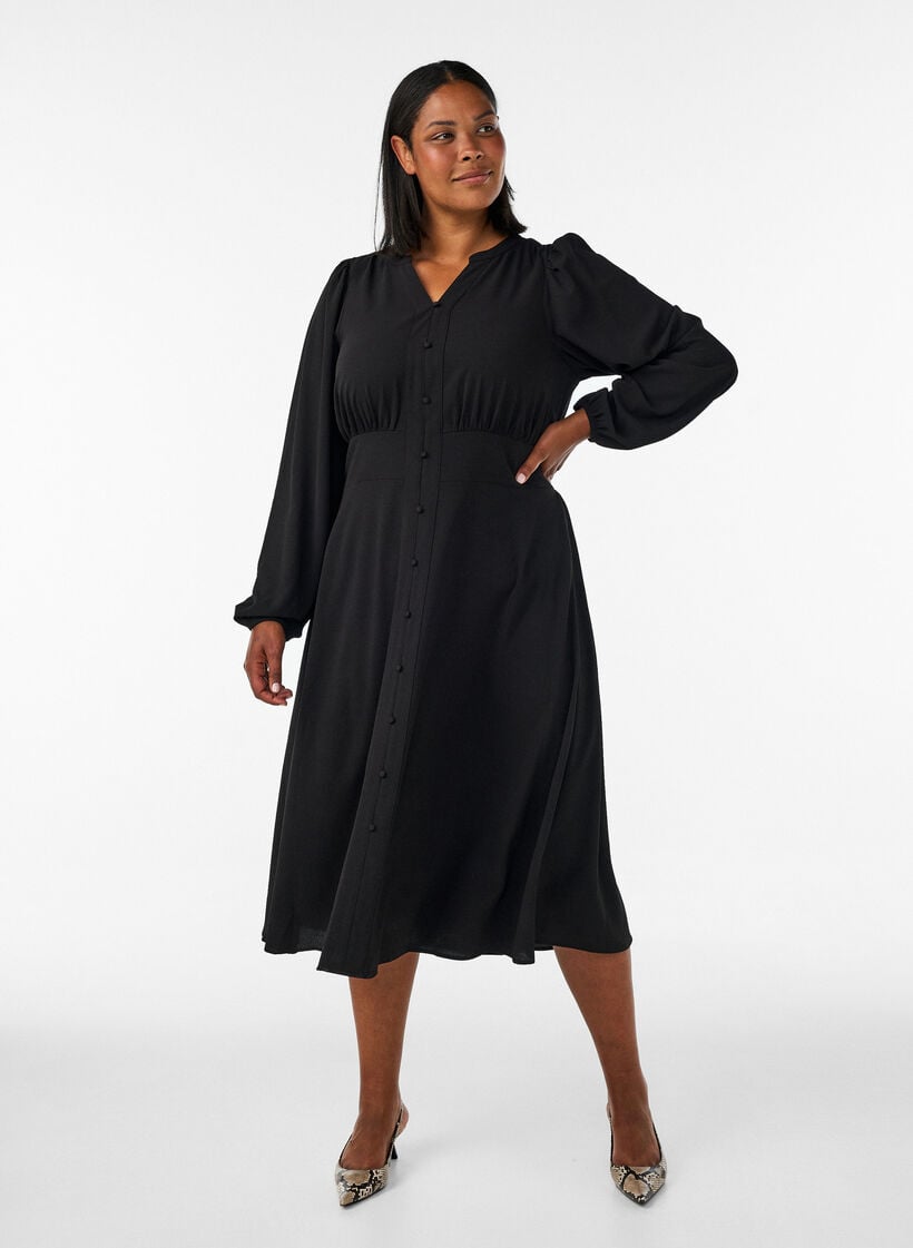 Midikjole med smock og dekorative knapper, Sort, Model image number 0