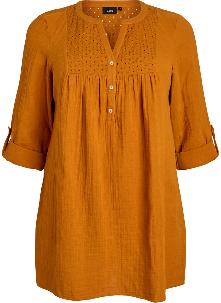 Tunika i bomuldsmusselin med broderi anglaise, Orange, Packshot image number 0