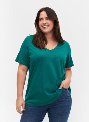 T-shirt i økologisk bomuld med v-udskæring, Teal Green, Model image number 0