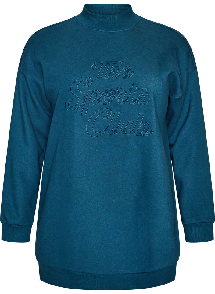 Lang sweatshirt med h&oslash;j hals og broderet tekst, Bl&aring;, Packshot image number 0