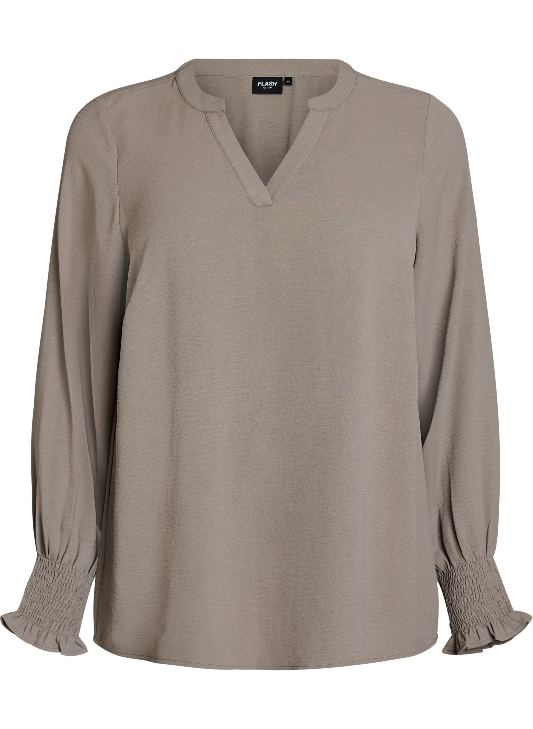 Zizzi Bluse med smock manchetter og V-udsk&aelig;ring, Beige, Packshot image number 0