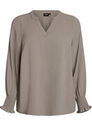 Bluse med smock manchetter og V-udsk&aelig;ring, Beige