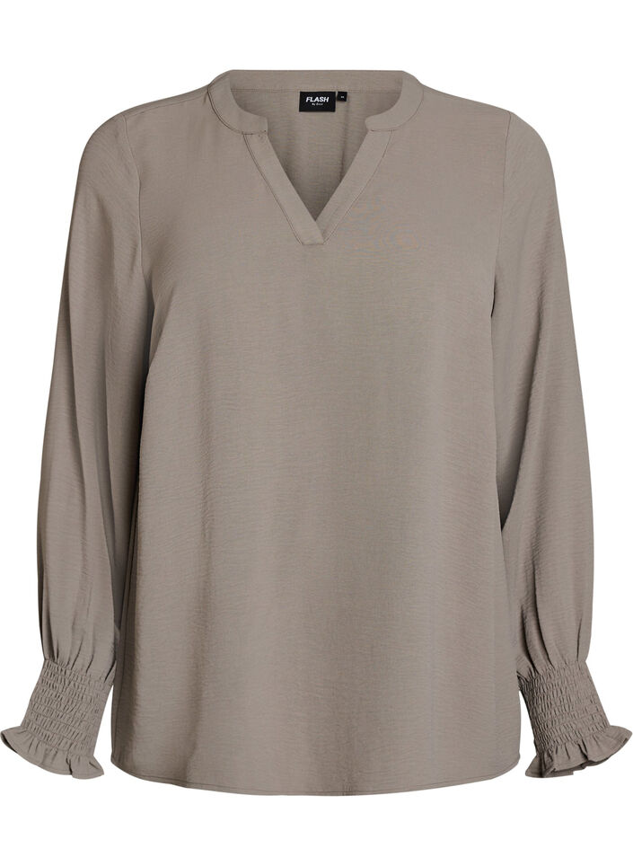 Bluse med smock manchetter og V-udsk&aelig;ring, Beige, Packshot image number 0