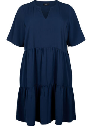 Kortærmet kjole med a-snit og skæringer, Navy Blazer, Packshot image number 0