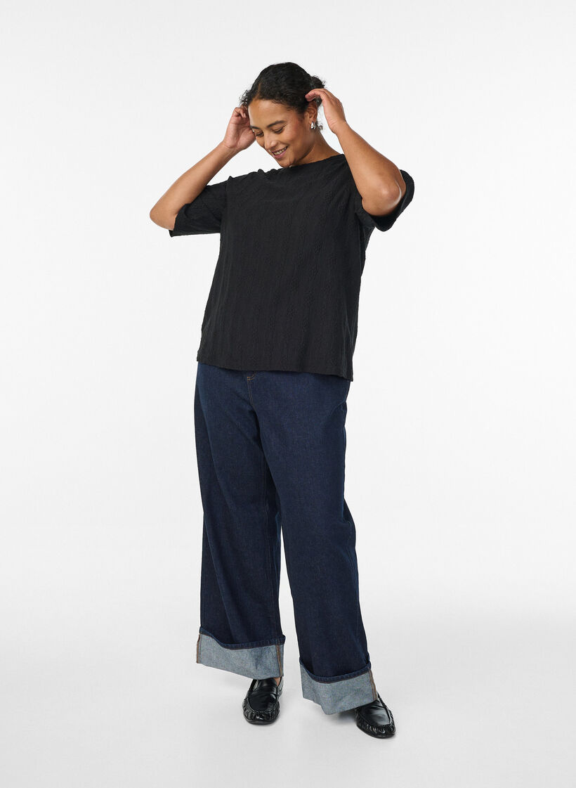 Bluse med strukturm&oslash;nster og korte &aelig;rmer, Sort, Model image number 1