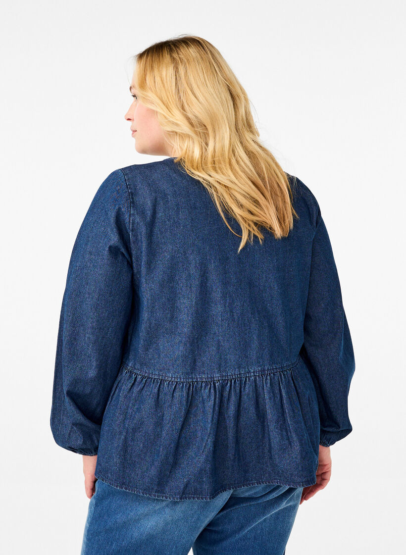 Peplum bluse i denim med bindelukning, Blå, Model image number 2